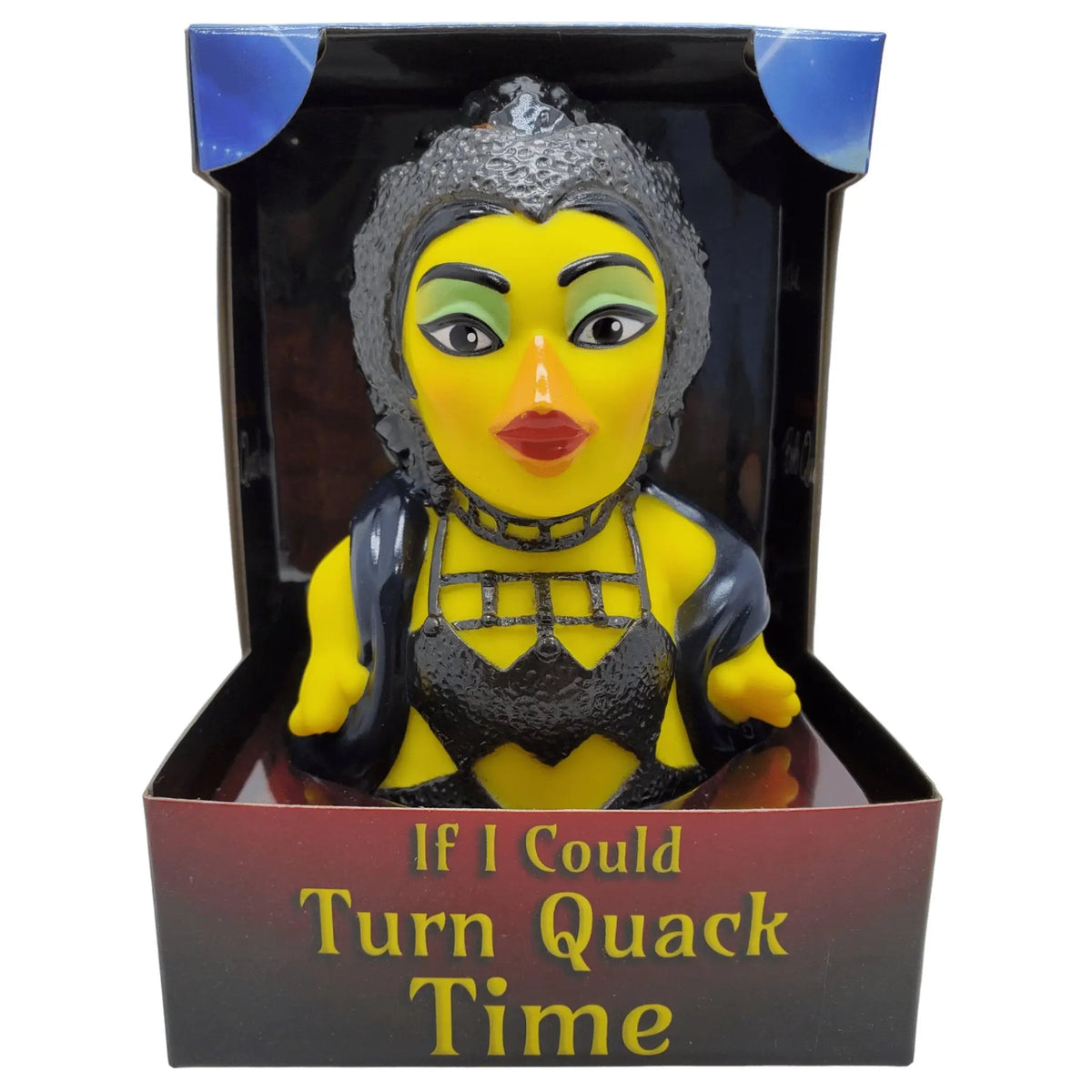 Gelbe gummiente mit schwarzen und silbernen details als kostümfigur von celebriDucks im produkt turn quack time