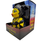 Gelbe gummiente turn quack time mit schwarzem silbernem kostüm und strukturierter afrofrisur von celebri ducks