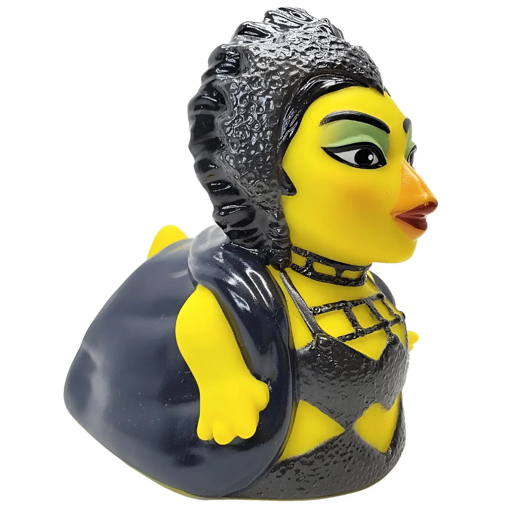 Gelbe gummiente turn quack time mit schwarzem haar grünem lidschatten und dunkelblauem outfit von celebriducks