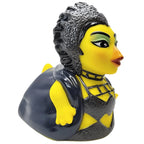 Gelbe gummiente turn quack time mit schwarzem haar grünem lidschatten und dunkelblauem outfit von celebriducks