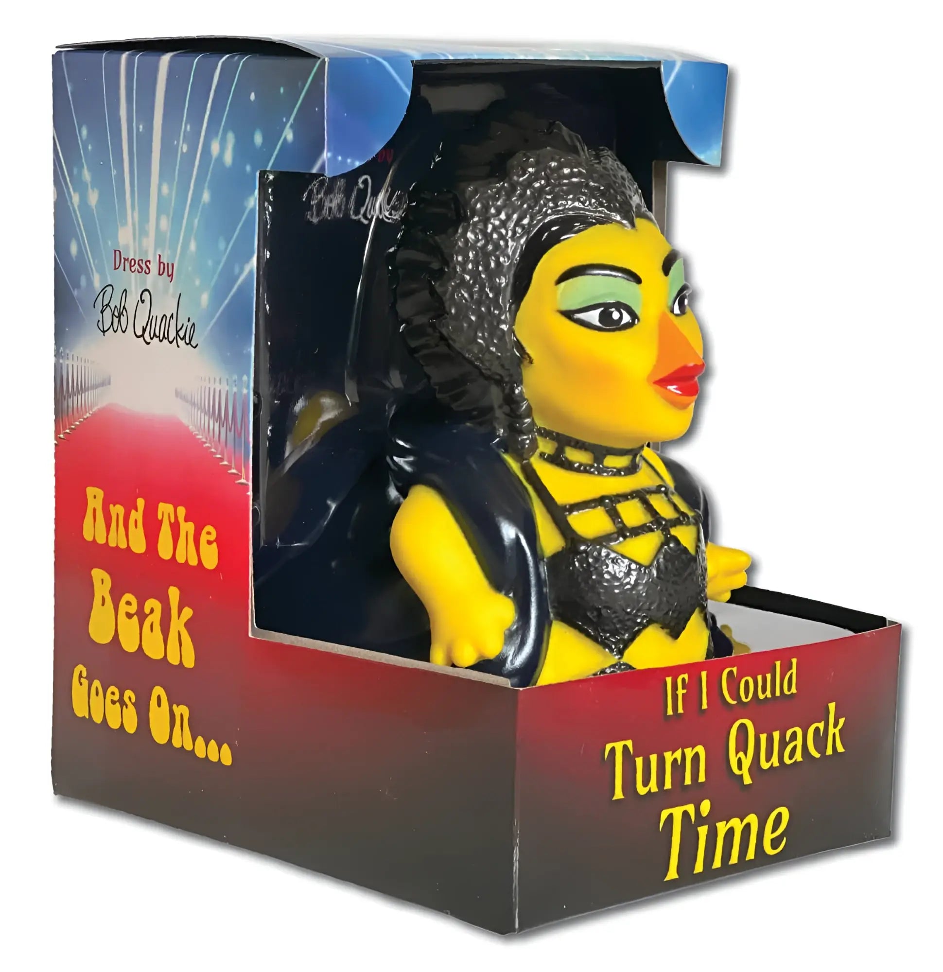 Yellow rubber duck dressed as a glamorous performer with black sequined outfit green eyeshadow and red lips from celebriducks