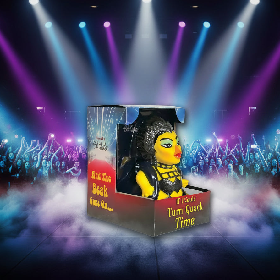 Gelbe Quietscheente gekleidet as glamorous performer mit schwarz sequined Outfit grün eyeshadow und rot lips aus der celebriducks