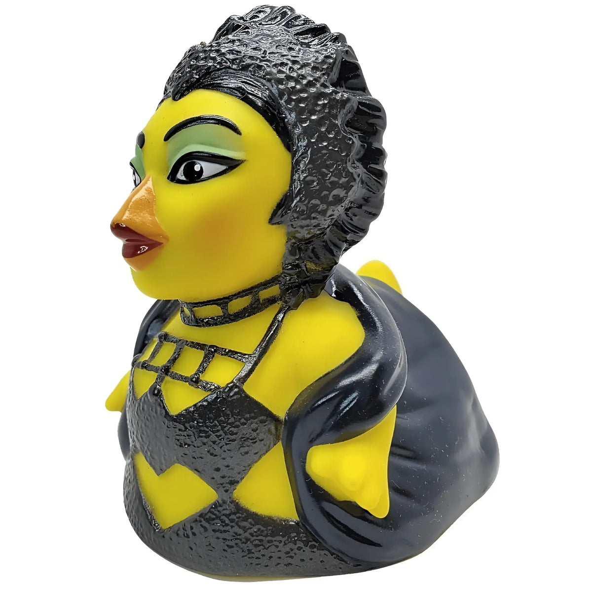 Gelbe gummiente turn quack time mit schwarzer strukturierter frisur gruenem lidschatten und schwarzem korse mit gelben herzen