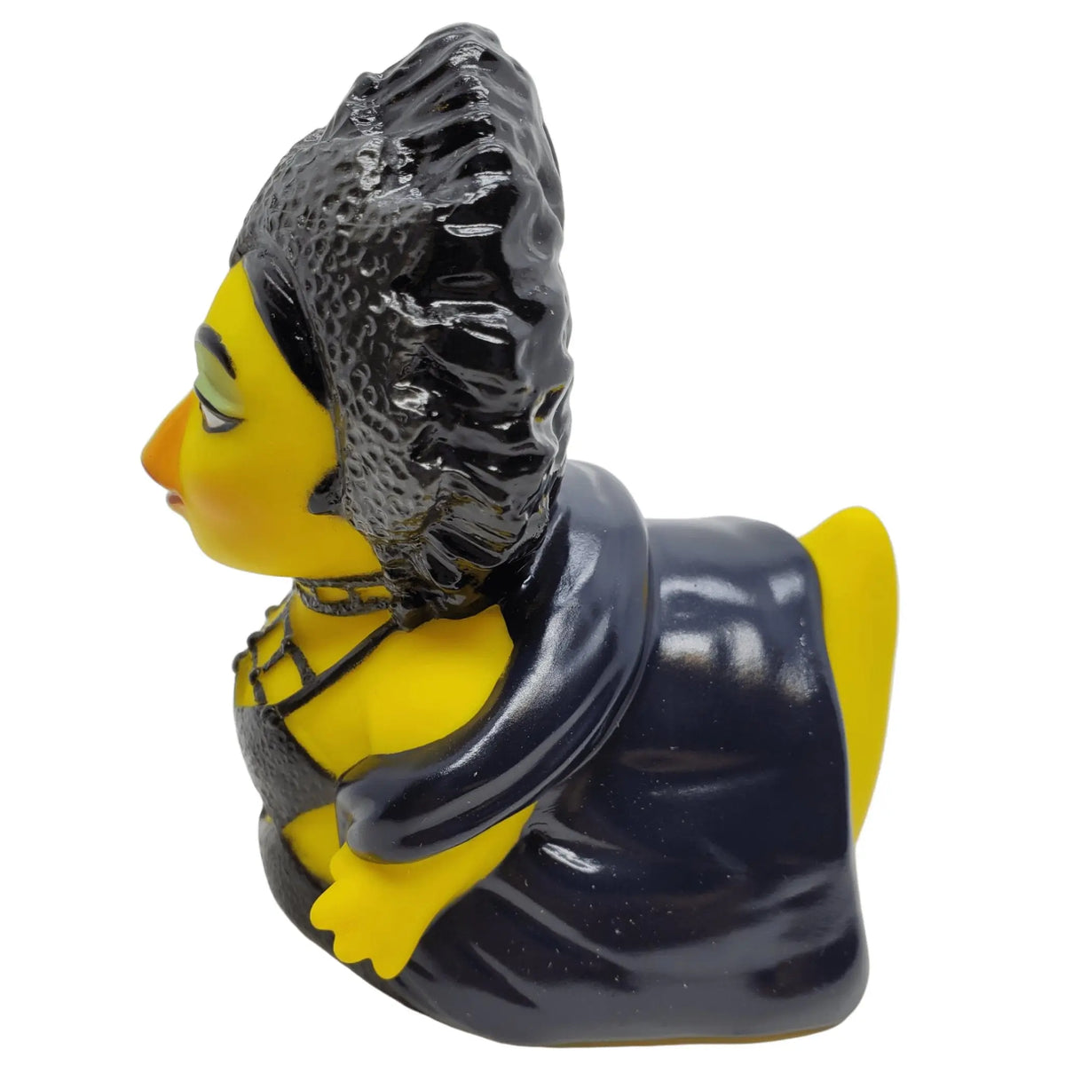 Turn quack time gummiente gelb mit schwarzem haar und dunkelblauem umhang von celebri ducks