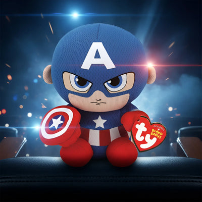 Ty marvel captain america plüschfigur in blau und rot mit weißem a auf helm hält seinen schild fest