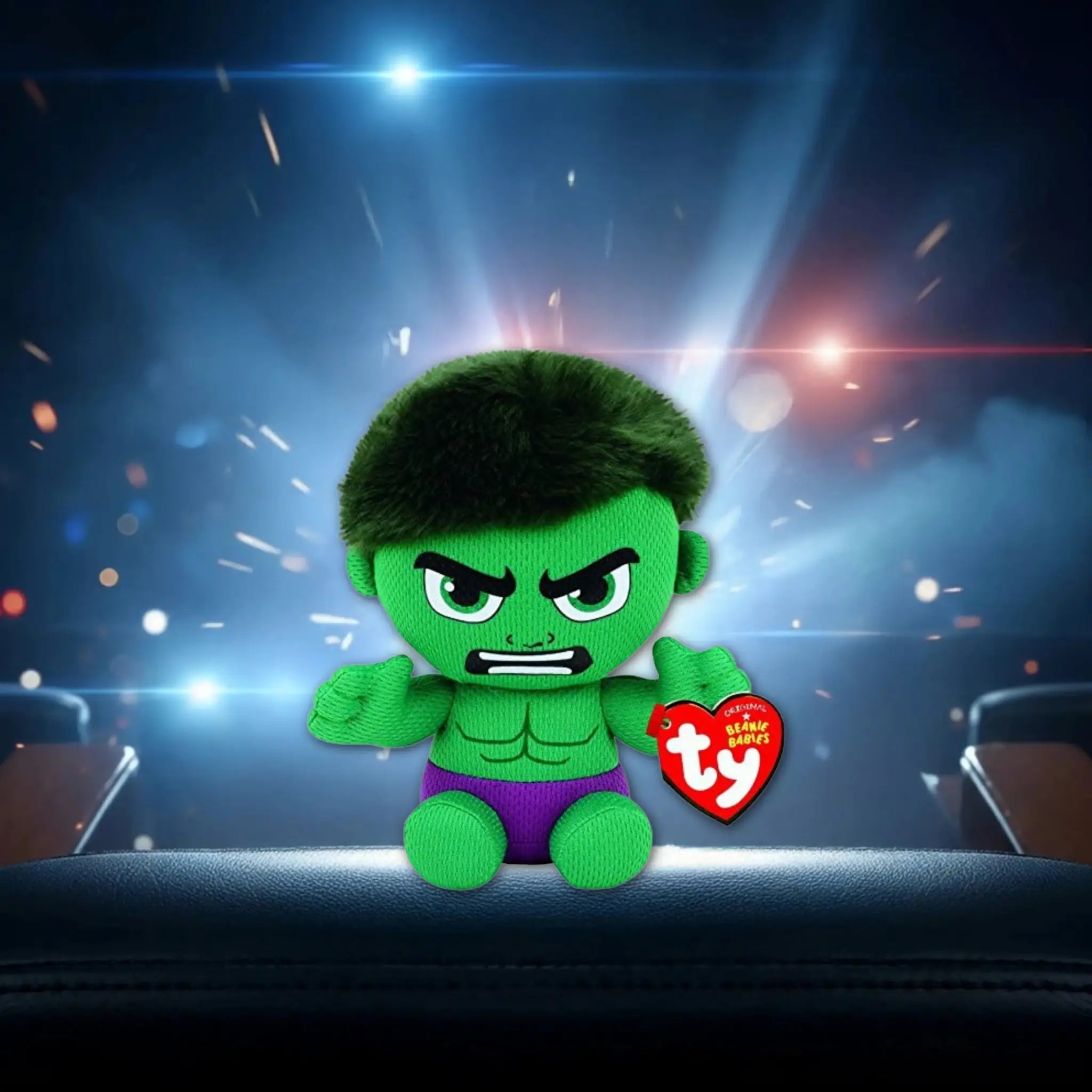 Ty marvel hulk plüschfigur grün mit schwarzen haaren und lila shorts aus weichstoff mit ty beanie babies tag