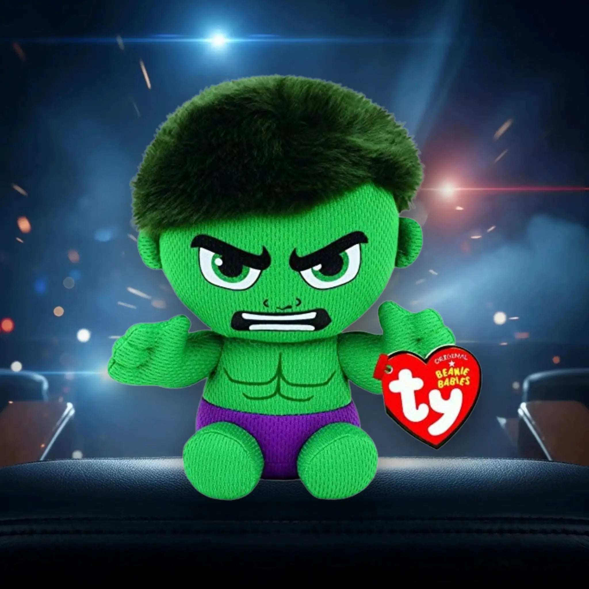 Ty marvel hulk plüschfigur grün mit schwarzen haaren und lila shorts, weich und perfekt zum knuddeln