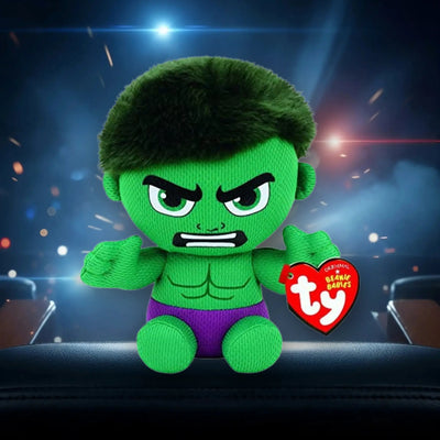 Ty marvel hulk plüschfigur grün mit schwarzen haaren und lila shorts, weich und perfekt zum knuddeln