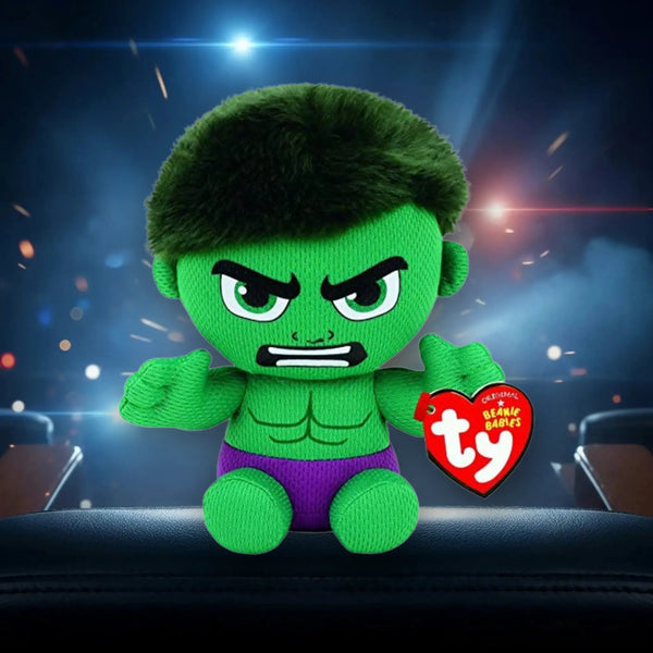 Ty marvel hulk plüschfigur grün mit schwarzen haaren und lila shorts, weich und perfekt zum knuddeln