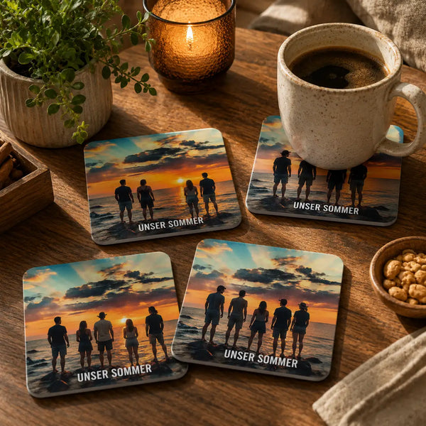 Personalisierte quadratische Untersetzer mit einer bedruckten Strand-Sunset-Szene mit Silhouettenfiguren und dem Text „unser sommer“ in Weiß.