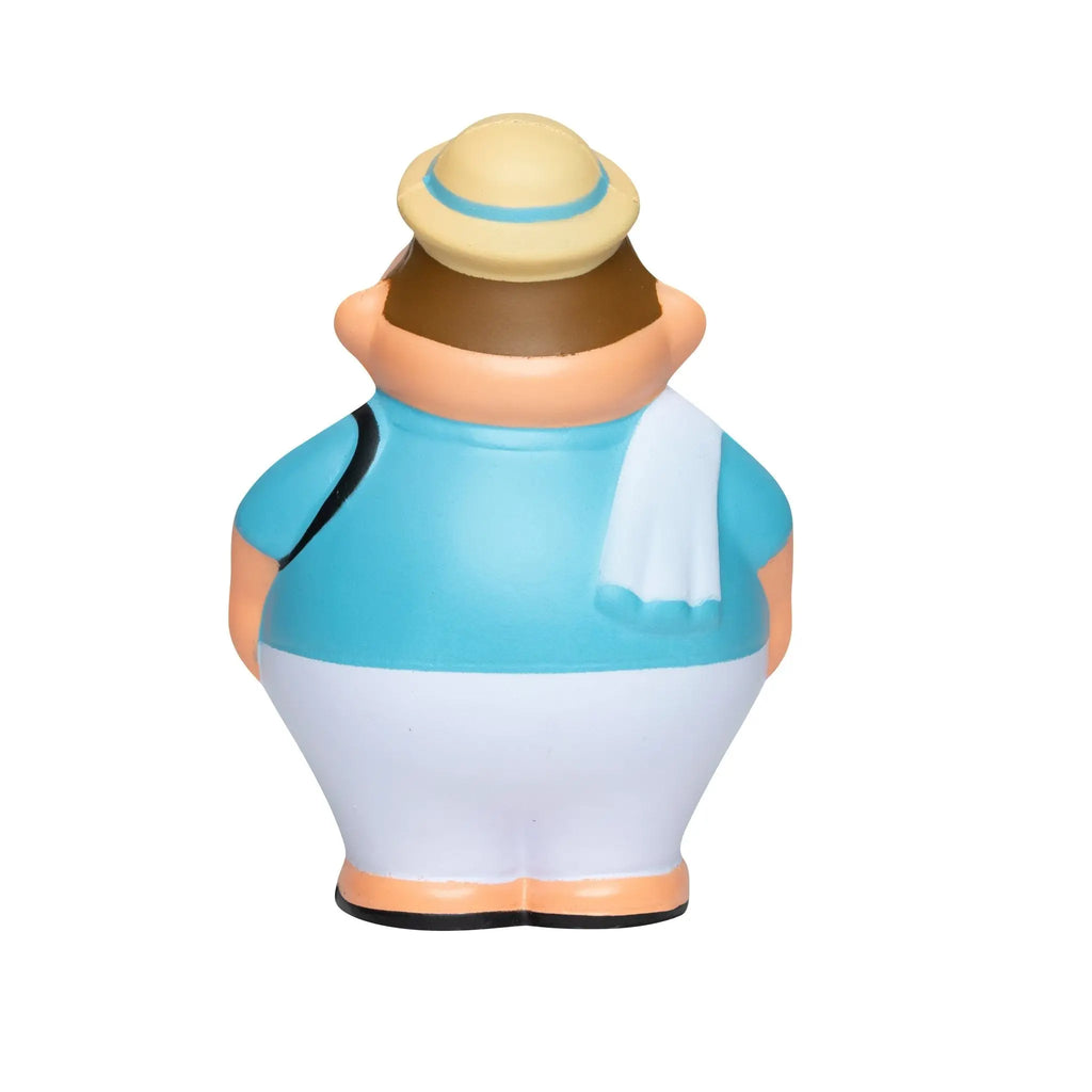 Cartoon stress ball shaped like chubby man mit beige hat und turquoise shirt aus der urlaub geschenkset bundle