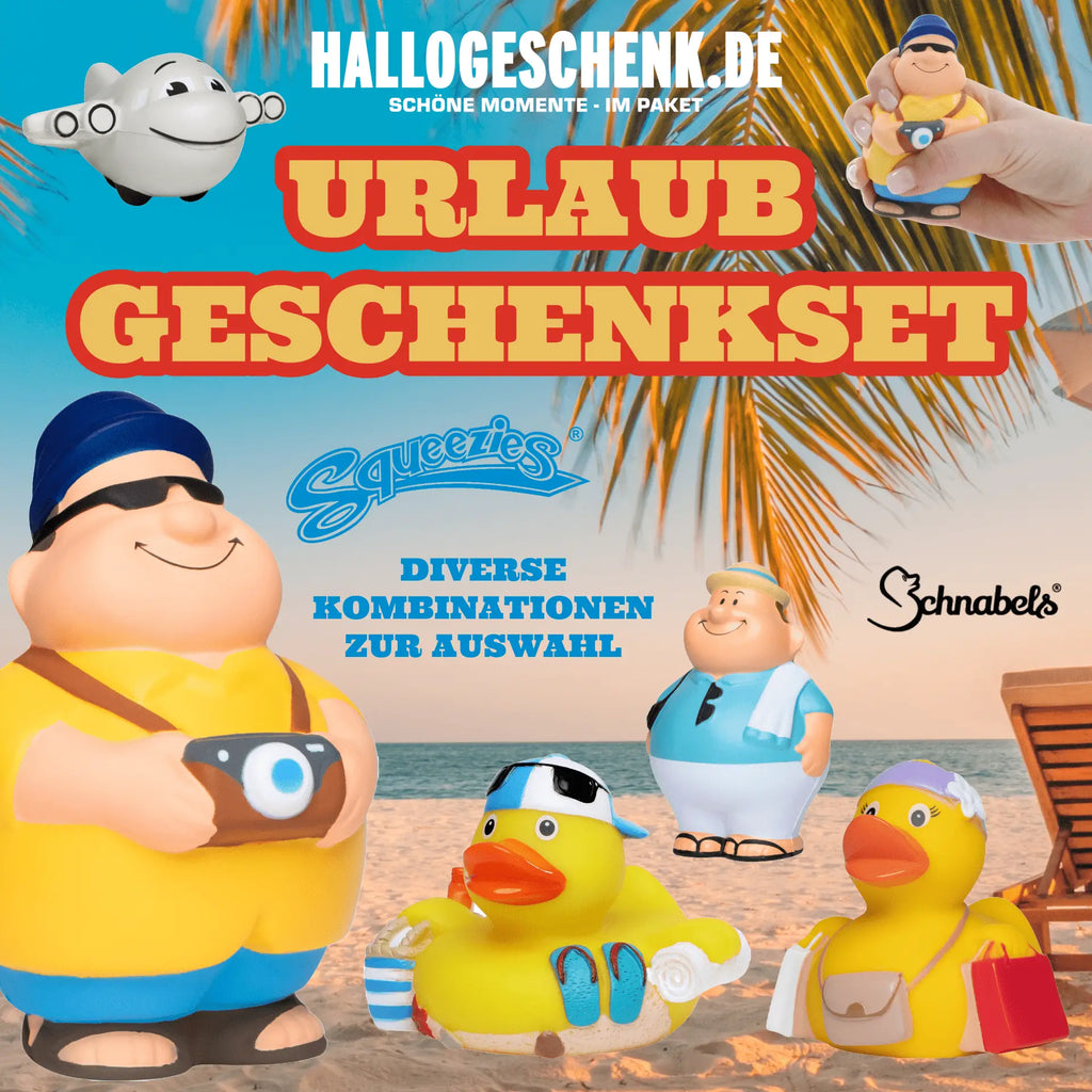 Gelbe badeente mit blauen sonnenbrillen und gestreiftem strandtuch als urlaub geschenkset quetschfigur