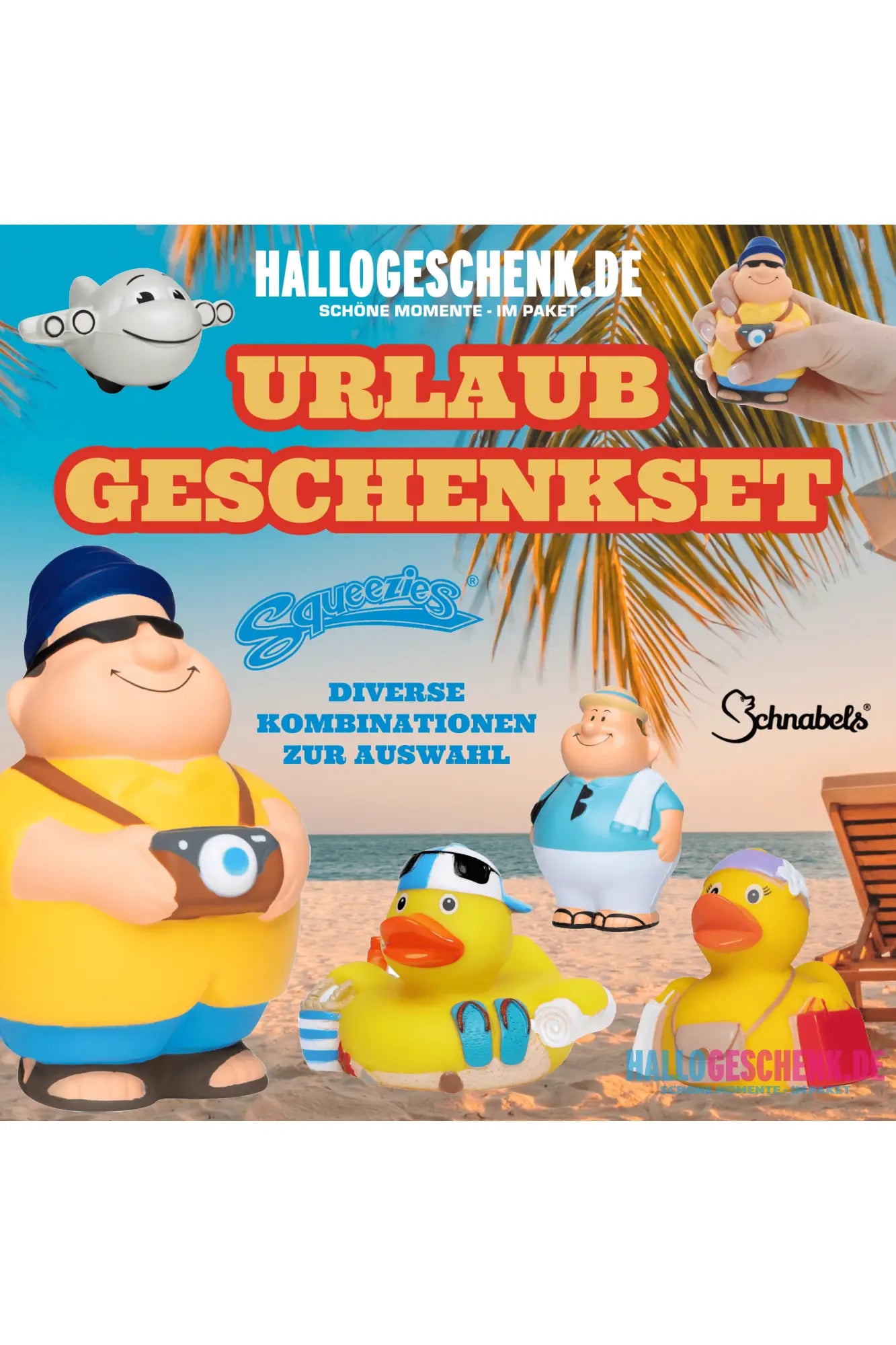 Urlaub • Geschenkset verschiedene Versionen • Quetschfigur • Badeente