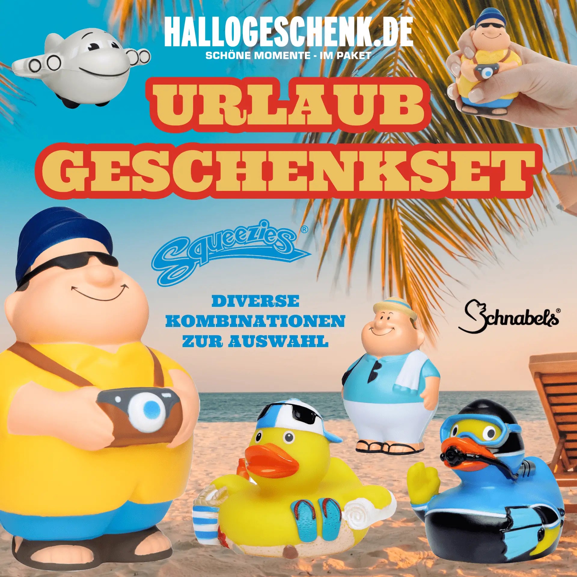 Gelbe badeente aus gummi mit blauen badehosen und sonnenschutz aus dem urlaub geschenkset bundler