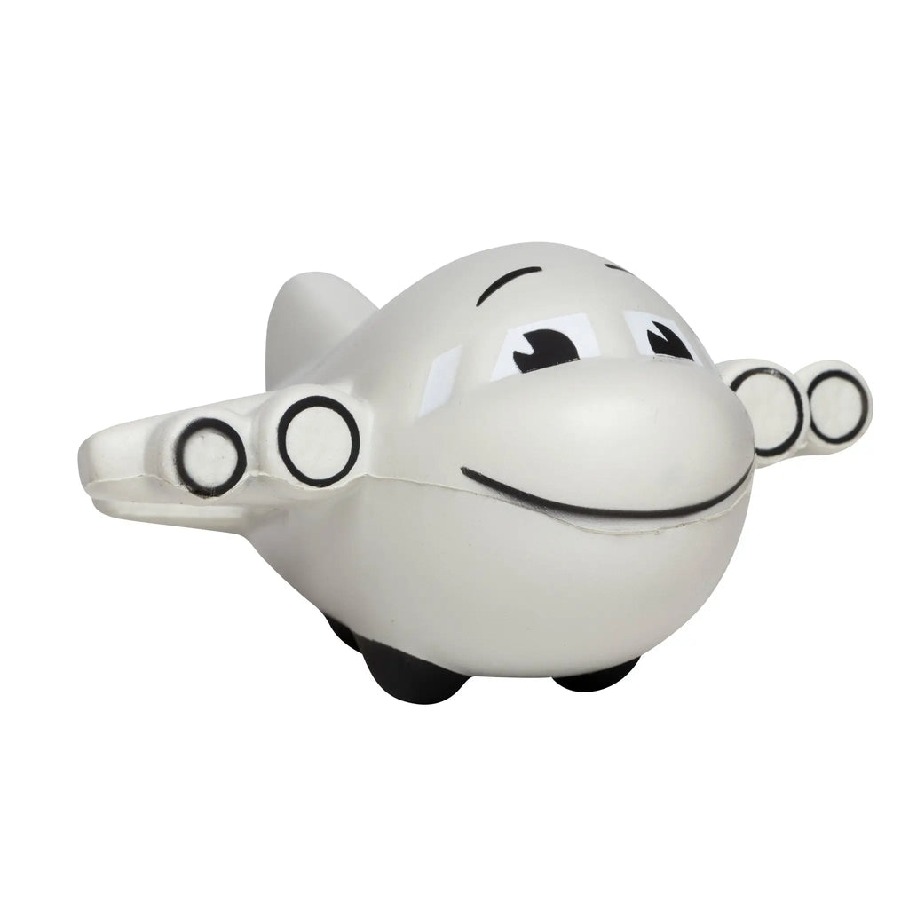 Weißes flugzeug stressball mit schwarzen cartoonaugen lächeln und fenster details im urlaub geschenkset