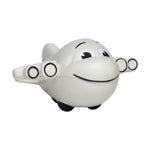 Weißes flugzeug stressball mit schwarzen cartoonaugen lächeln und fenster details im urlaub geschenkset
