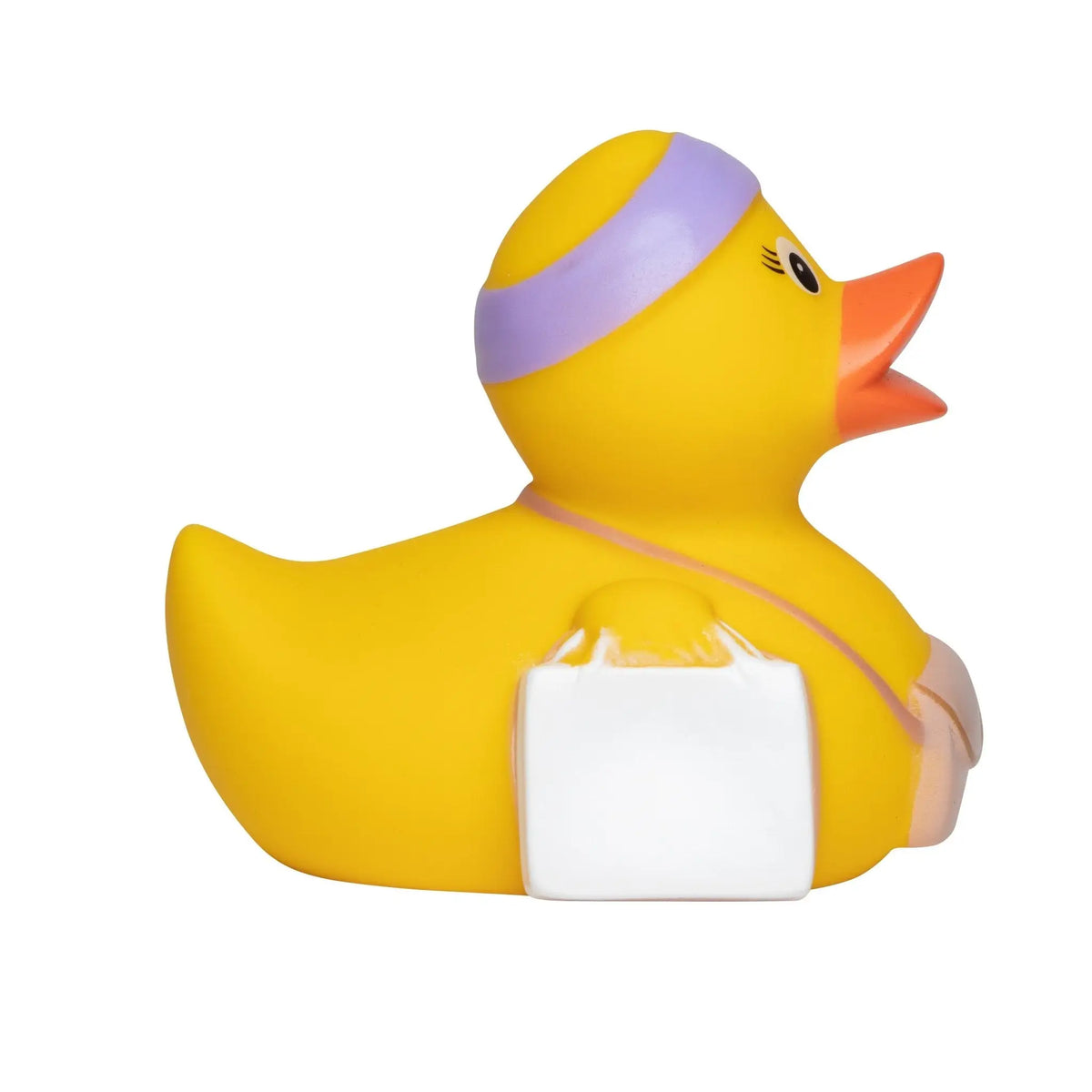 Gelbe badeente mit lila stirnband und weißer einkaufstüte als quetschfigur im geschenkset urlaub bundle