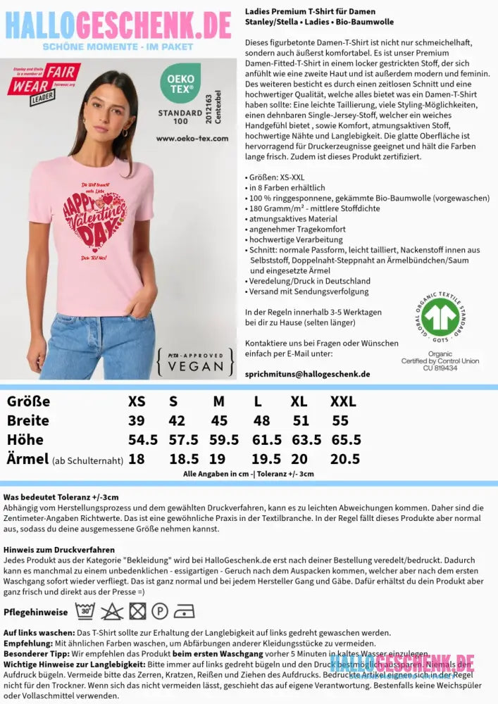 Valentinstag • Herz • Ladies Premium T-Shirt XS-2XL aus Bio-Baumwolle für Damen • Exklusivdesign • personalisiert