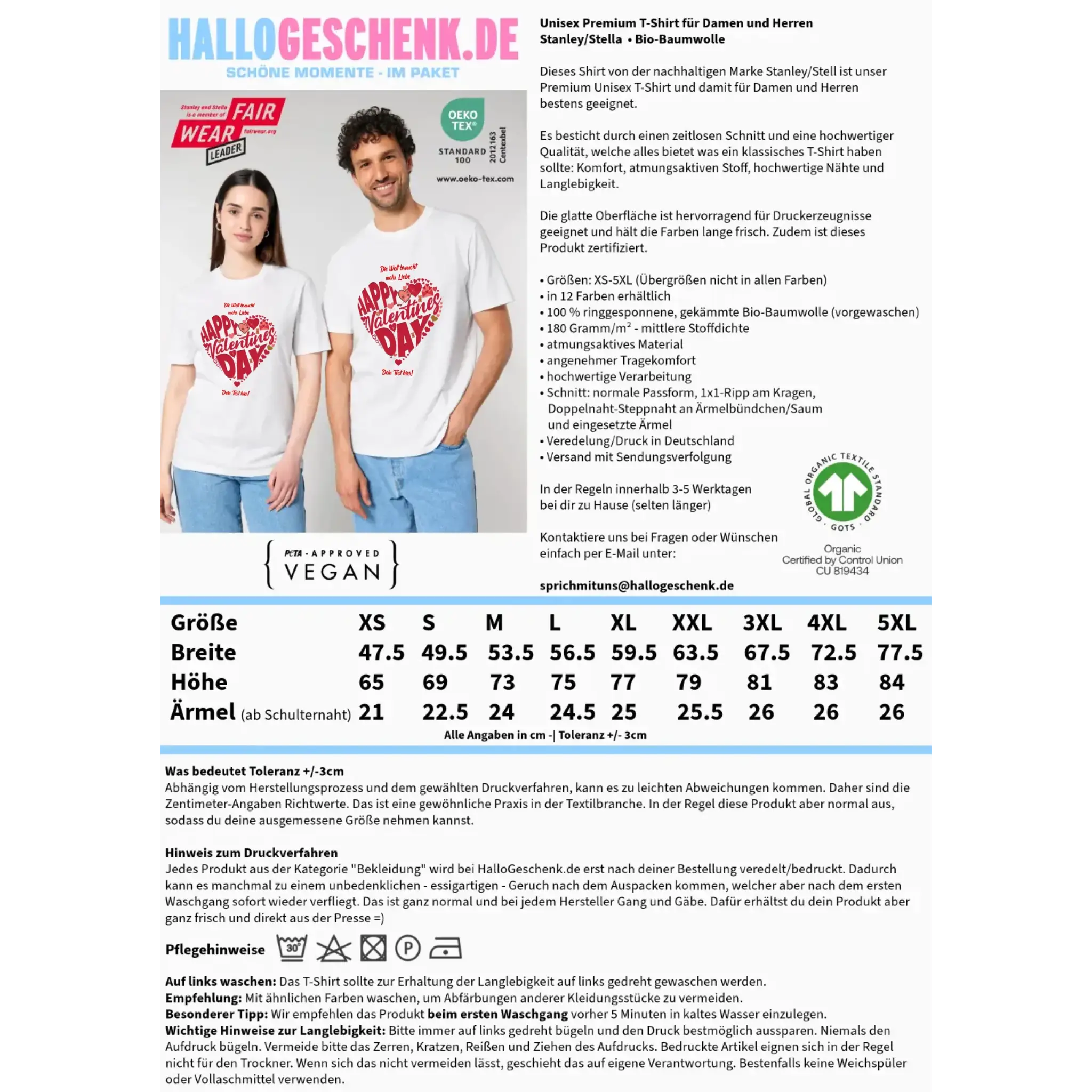 Valentinstag • Herz • Unisex Premium T-Shirt XS-5XL aus Bio-Baumwolle für Damen & Herren • Exklusivdesign • personalisiert