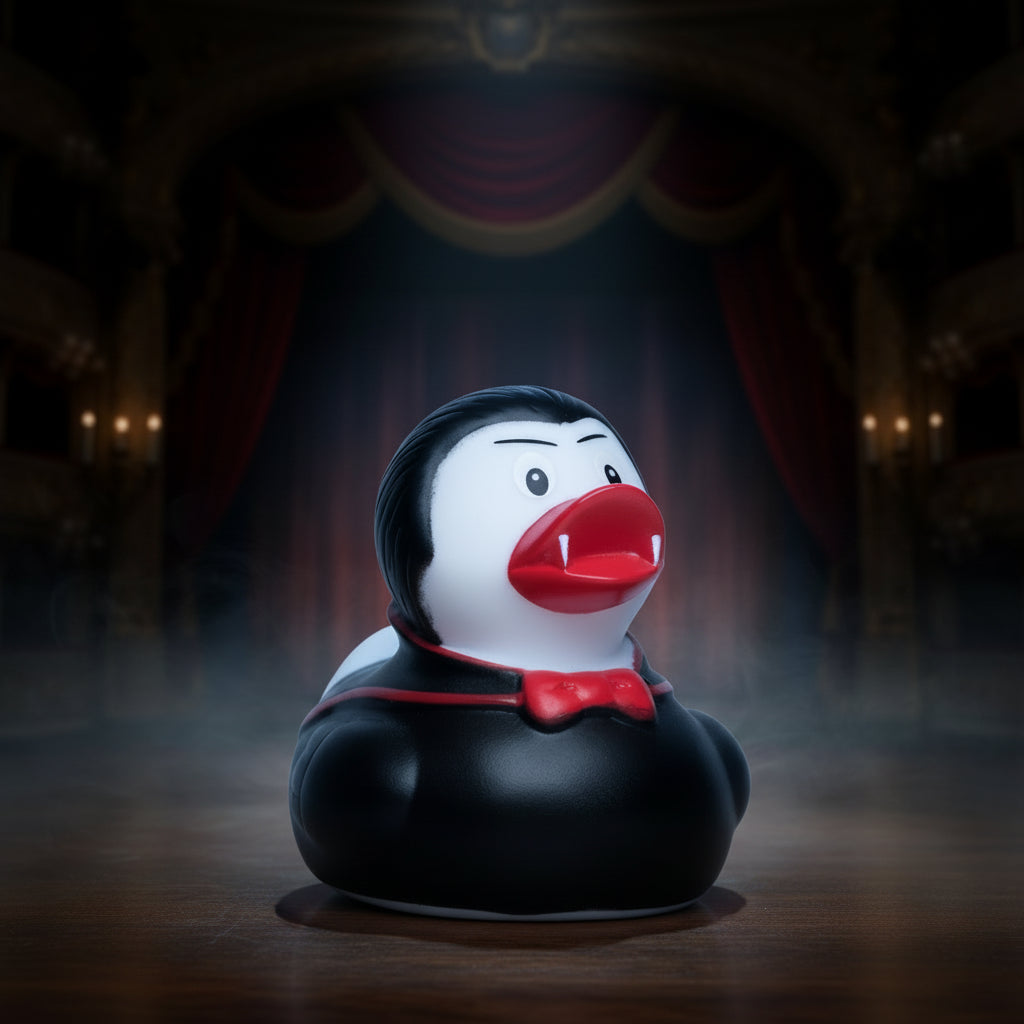 Black gummiente vampir mit roter schleife und zähnen als vampir badeente vampir dracula quietsche-ente