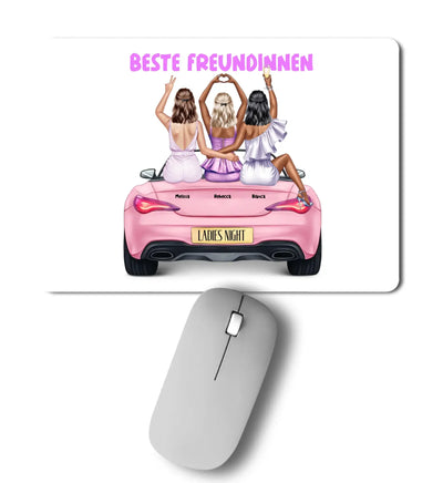 Rosa convertible mauspad mit drei frauen in lila weißen kleidern und personalisierten namen ladies night kennzeichen