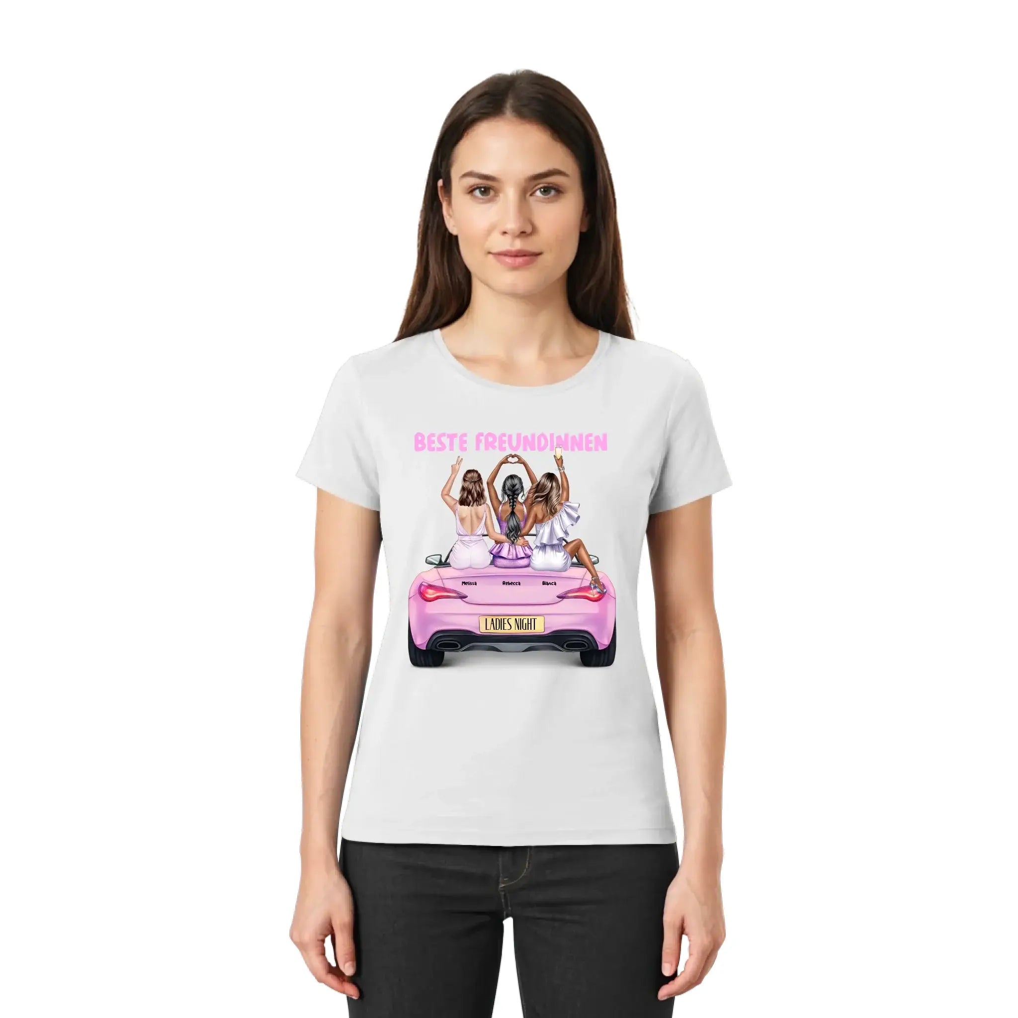 Weiße kurzarmshirt mit pinkem oldtimer und drei frauen beste freundinnen text für ladies night personalisiert