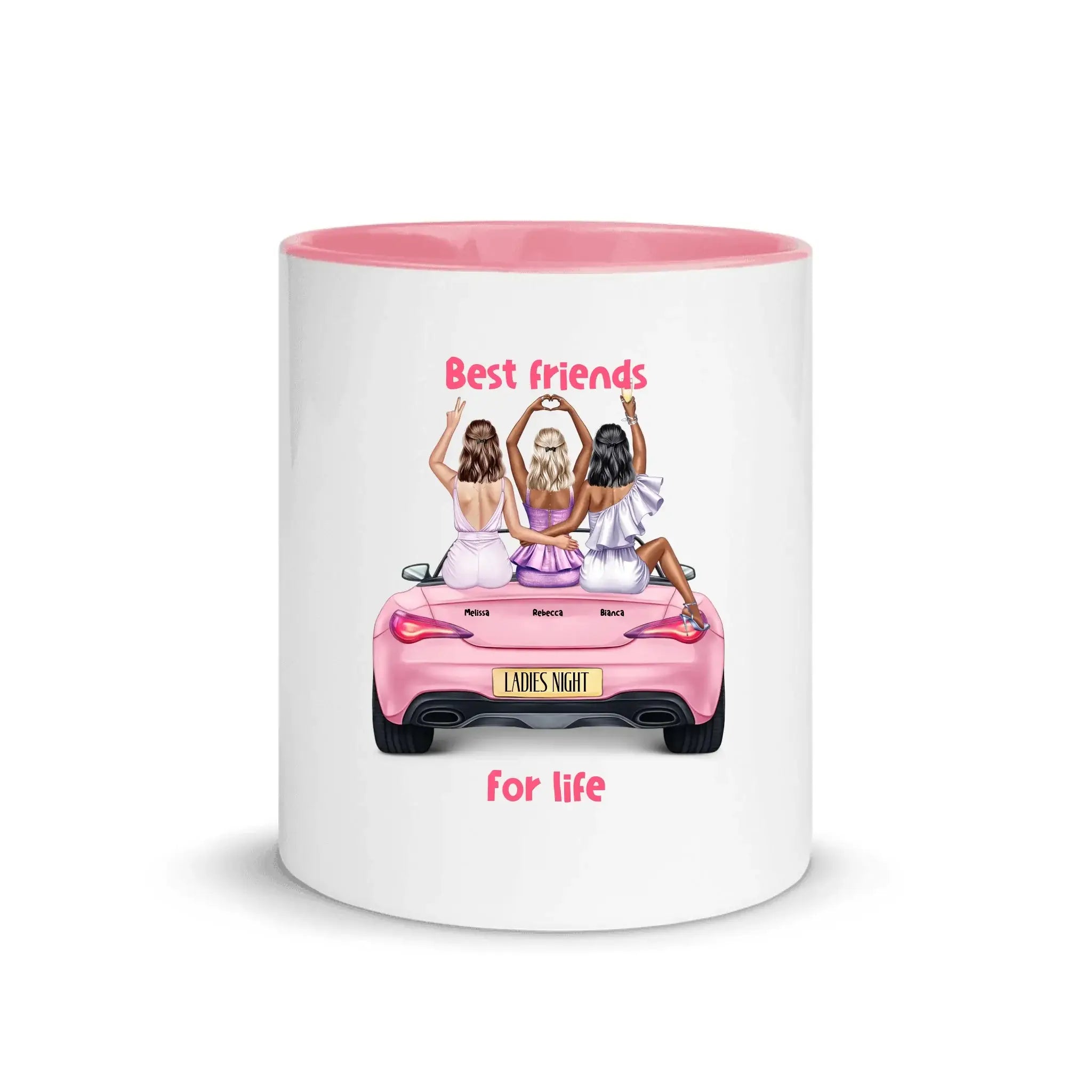 Vegas Girls (1–3 names) – Personalized Color Accent Mug 11 oz - White Ceramic with Inside / Pink / personalized Mugs
