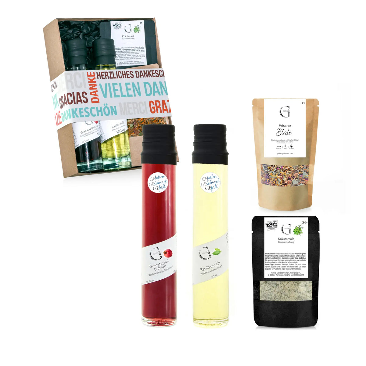 Red und gelbe glasflaschen mit schwarzen kapseln garten gourmet gefüllt in vielen dank geschenkset präsentkorb