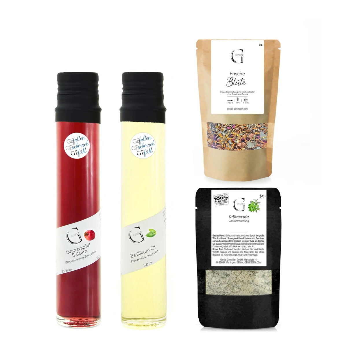 Zwei glasflaschen mit schwarzen kapseln, eine mit rotem granatapfel balsam und eine mit gelbem basilikum öl im vielen dank geschenkset