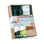 Geschenkset vielen dank mit zwei glasflaschen olivenöl in dunkel und goldgelb plus getrocknete kräuter