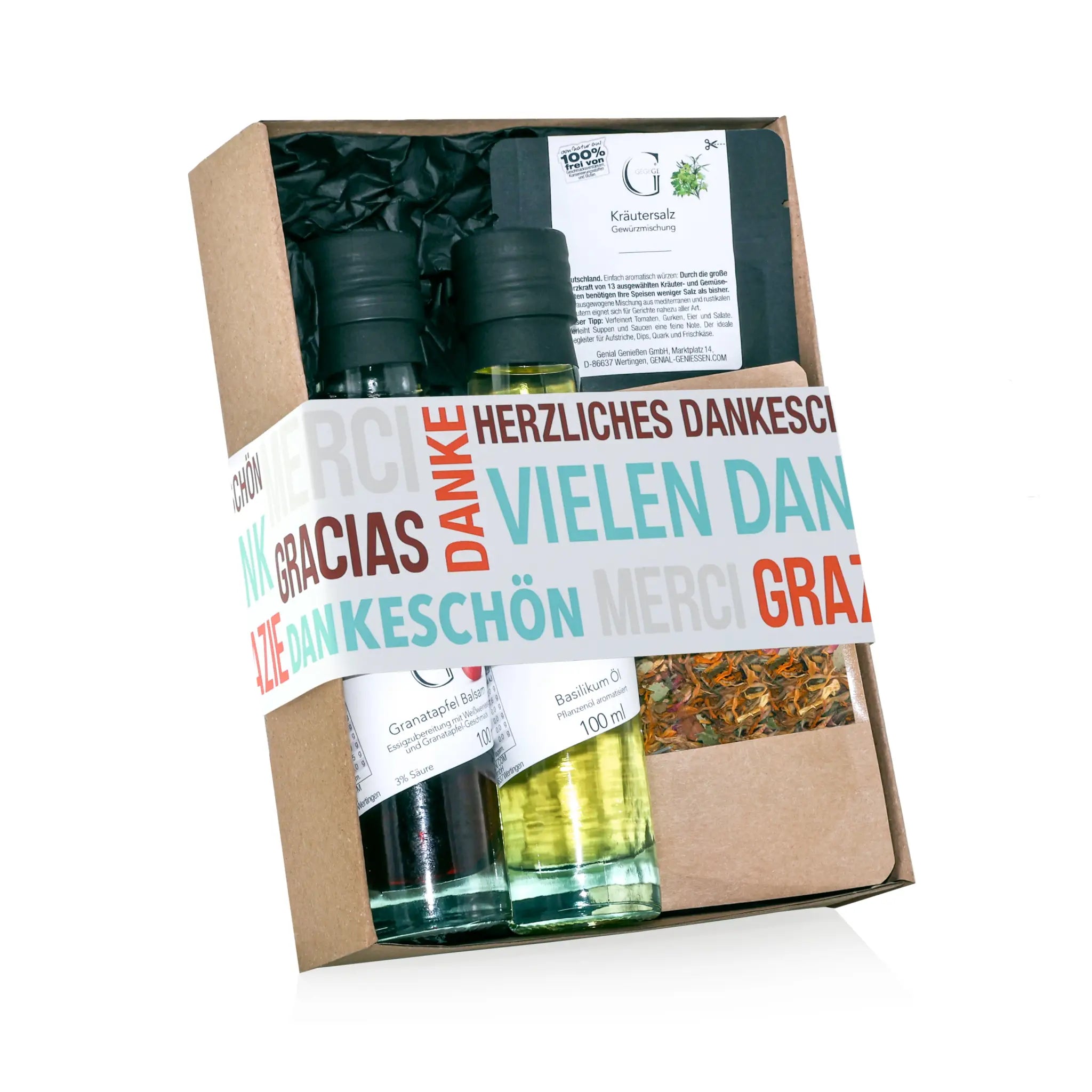 Geschenkset vielen dank mit zwei glasflaschen olivenöl in dunkel und goldgelb plus getrocknete kräuter