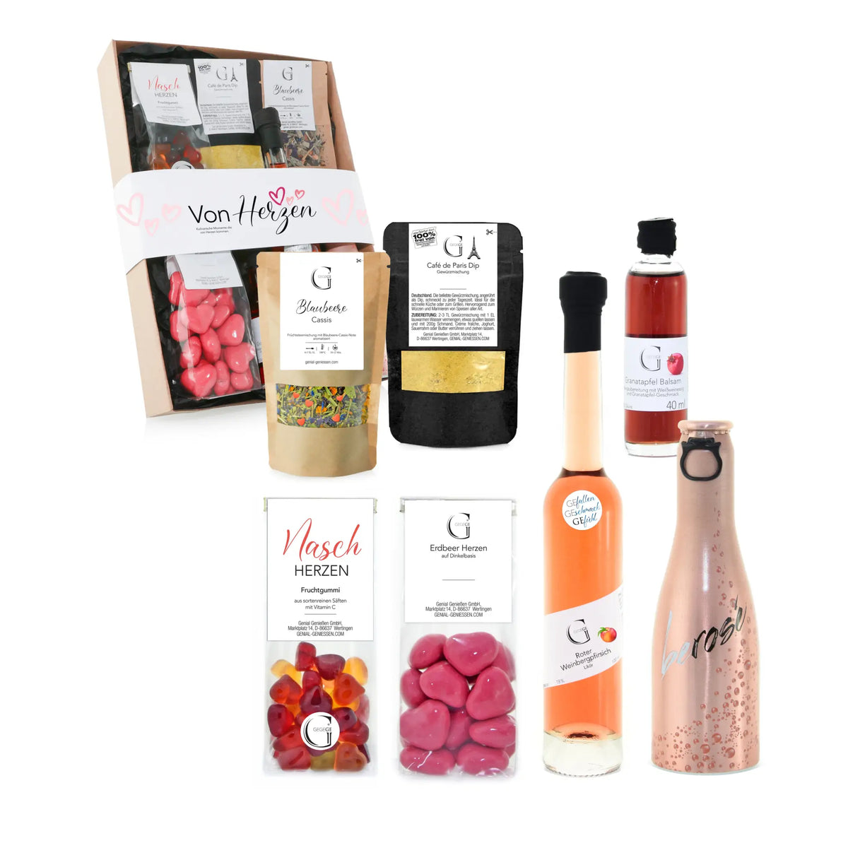 Ein rosegoldener champagner mit frostigem glitzereffekt und schwarzer kalligraphie im von herzen m geschenkset