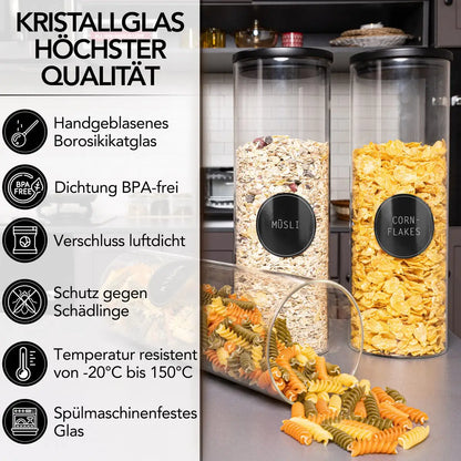 Vorratsgläser aus Borosilikat-Glas mit schwarzen FSC®-zertifizierten Pinienholz-Deckeln