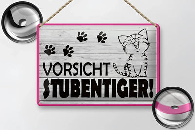Pink gerahmtes blechschild 20x30cm aus holz mit schwarzen pfoten und cartoon katze mit vorsicht stubentiger text