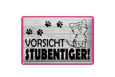 Rechteckiges vortisch stubentiger blechschild mit pinkem rand schwarzen pfoten abdruck und katzenillustration
