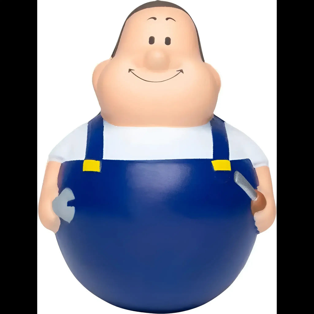 Blaue plastik cartoon mechanikerfigur mit gelben schnallen und weißem hemd wackel schrauber bert antistress magnet