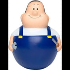 Blaue plastik cartoon mechanikerfigur mit gelben schnallen und weißem hemd wackel schrauber bert antistress magnet