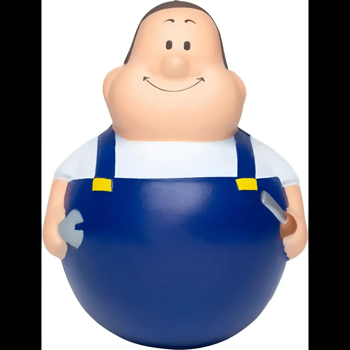 Blaue plastik cartoon mechanikerfigur mit gelben schnallen und weißem hemd wackel schrauber bert antistress magnet