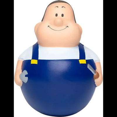 Blaue plastik cartoon mechanikerfigur mit gelben schnallen und weißem hemd wackel schrauber bert antistress magnet
