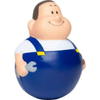 Blau weiße cartoon mechaniker stresskugel mit gelben schnallen wackel schrauber bert anti stress figur mit magnet