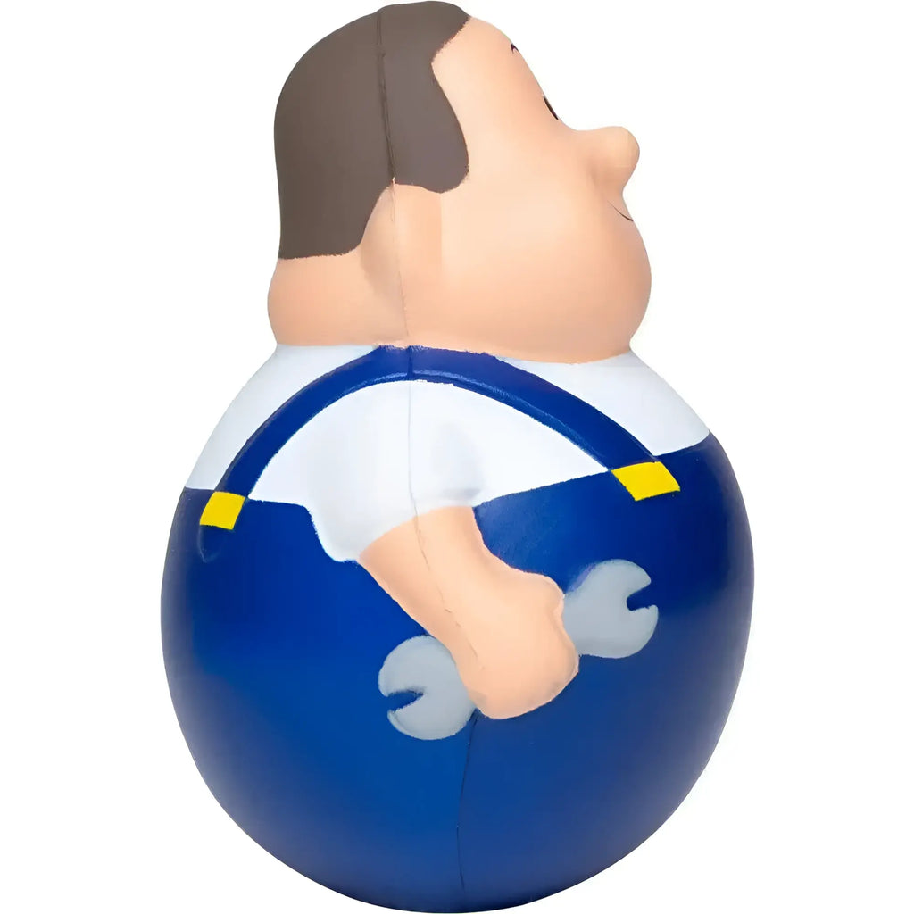 Blau-weiße cartoon mechaniker stresskugel mit braunen haaren und silbernem schraubenschlüssel wackel schrauber bert mit magnet