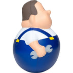Blau-weiße cartoon mechaniker stresskugel mit braunen haaren und silbernem schraubenschlüssel wackel schrauber bert mit magnet