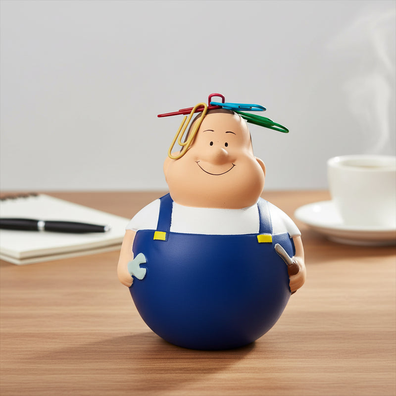 Blaue plastikfigur von wackel schrauber bert anti-stress-quetsch-figur mit magnet hält büroklammern