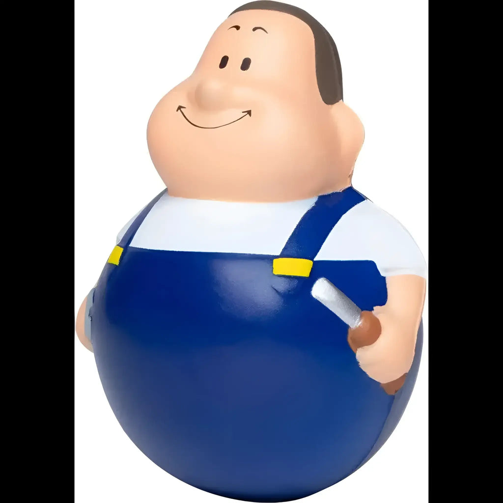 Blauer wackel schrauber bert stressball mit lachendem gesicht, weißem shirt und gelbgürtel latzhose mit magnet