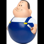 Blauer wackel schrauber bert stressball mit lachendem gesicht, weißem shirt und gelbgürtel latzhose mit magnet