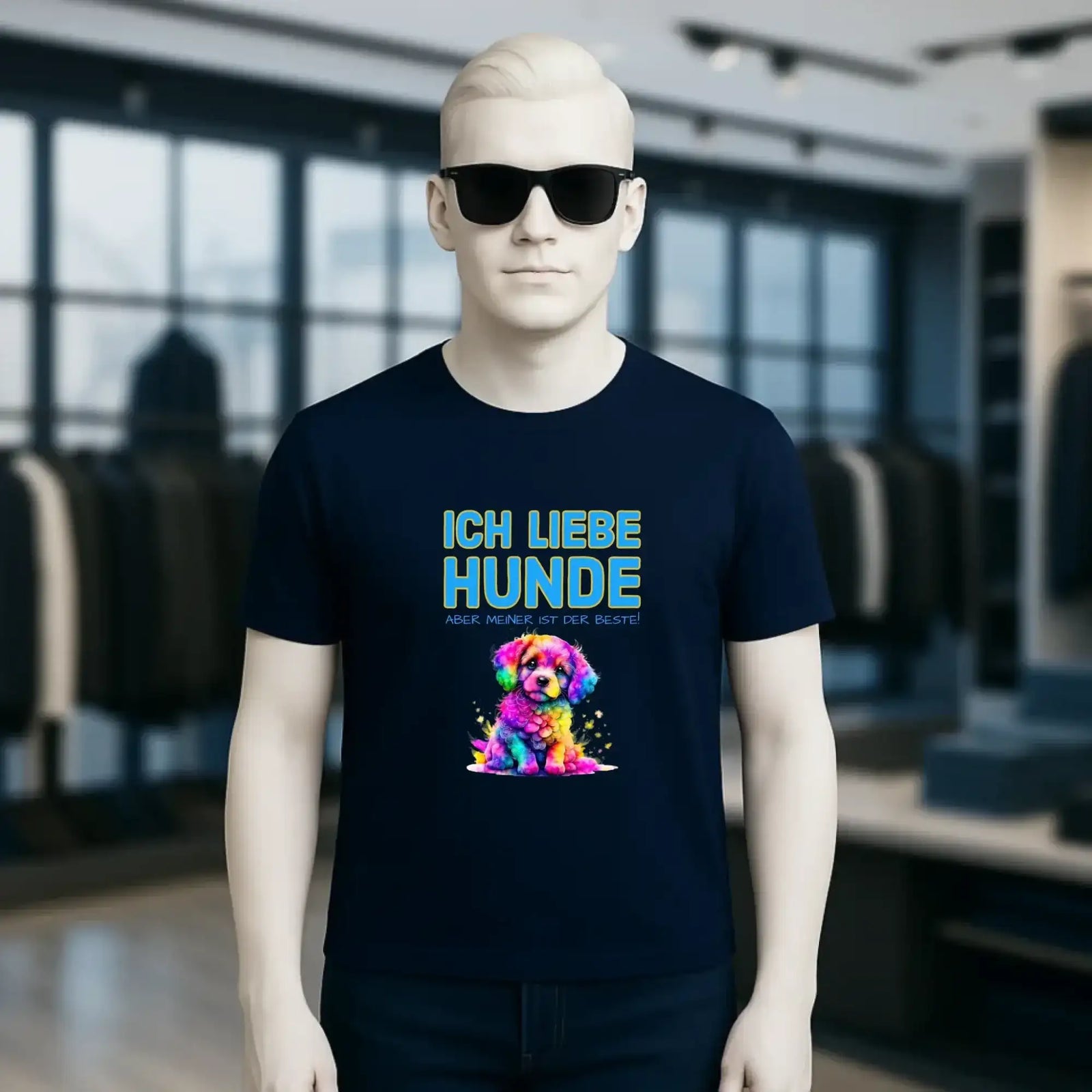 Marine blaues unisex premium t-shirt aus bio baumwolle mit buntem regenbogen hund und ich liebe hunde schriftzug