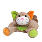 Wärmekissen katze plüschtier braun mit grünen und orangen akzenten und kirschkernfüllung OEKO-TEX zertifiziert