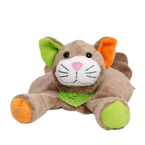 Wärmekissen katze plüschtier braun mit grünen und orangen akzenten und kirschkernfüllung OEKO-TEX zertifiziert