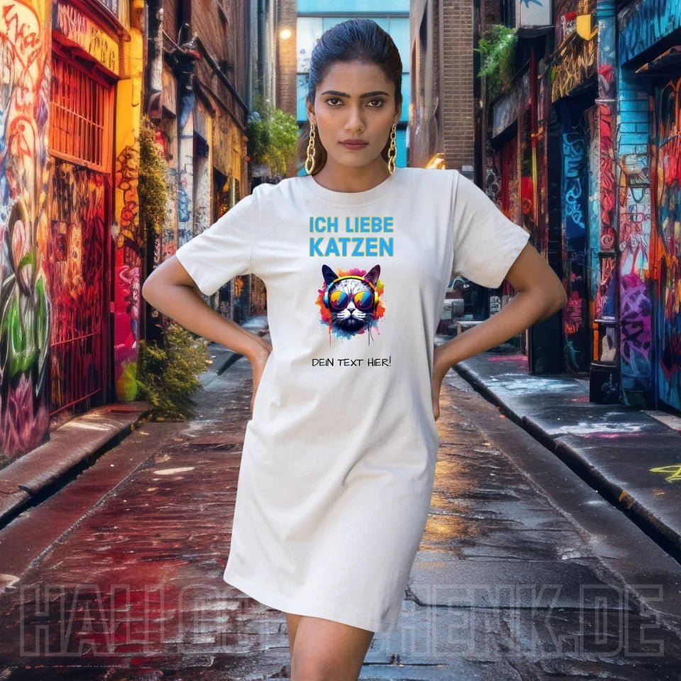 Wähle die Katze (mit Motivauswahl + Text) • Ladies Premium T-Shirt Kleid aus Bio - Baumwolle S - 2XL • Exklusivdesign • personalisiert von HalloGeschenk.de