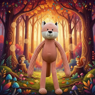 Ein plüschiger rosa fuchs mit weißer schnauze und langen gerippten gliedmaßen aus dem waldtier-duo mini-feet lanky legends set